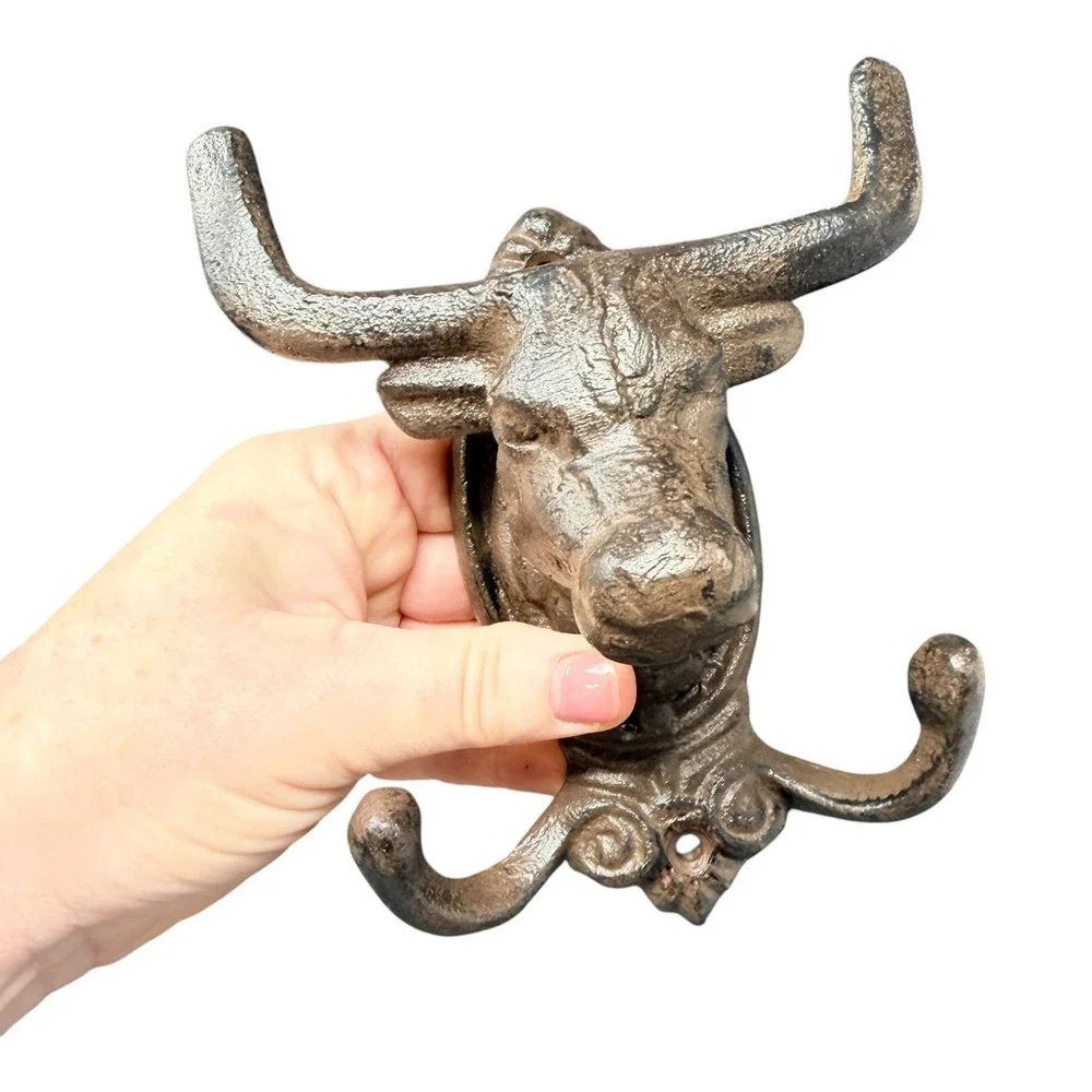 Cast Iron Bull Double Wall Hook Western Ranch Farmhouse Decor